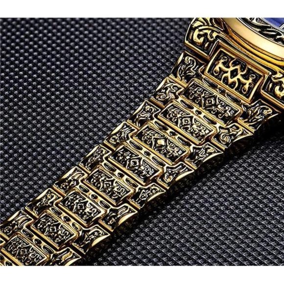 Mens Carved Pattern Luxury Gold Watch - Picture 3 of 5